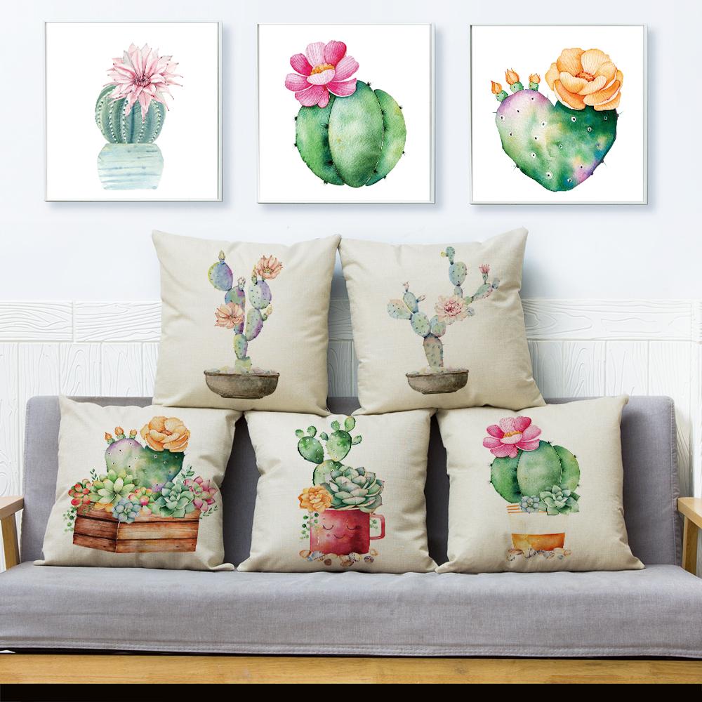 Cute Succulent Plant Cushion Covers Set Watercolor Potted Cactus In Cup Box Design Soft Pillow Home Decor Xcm