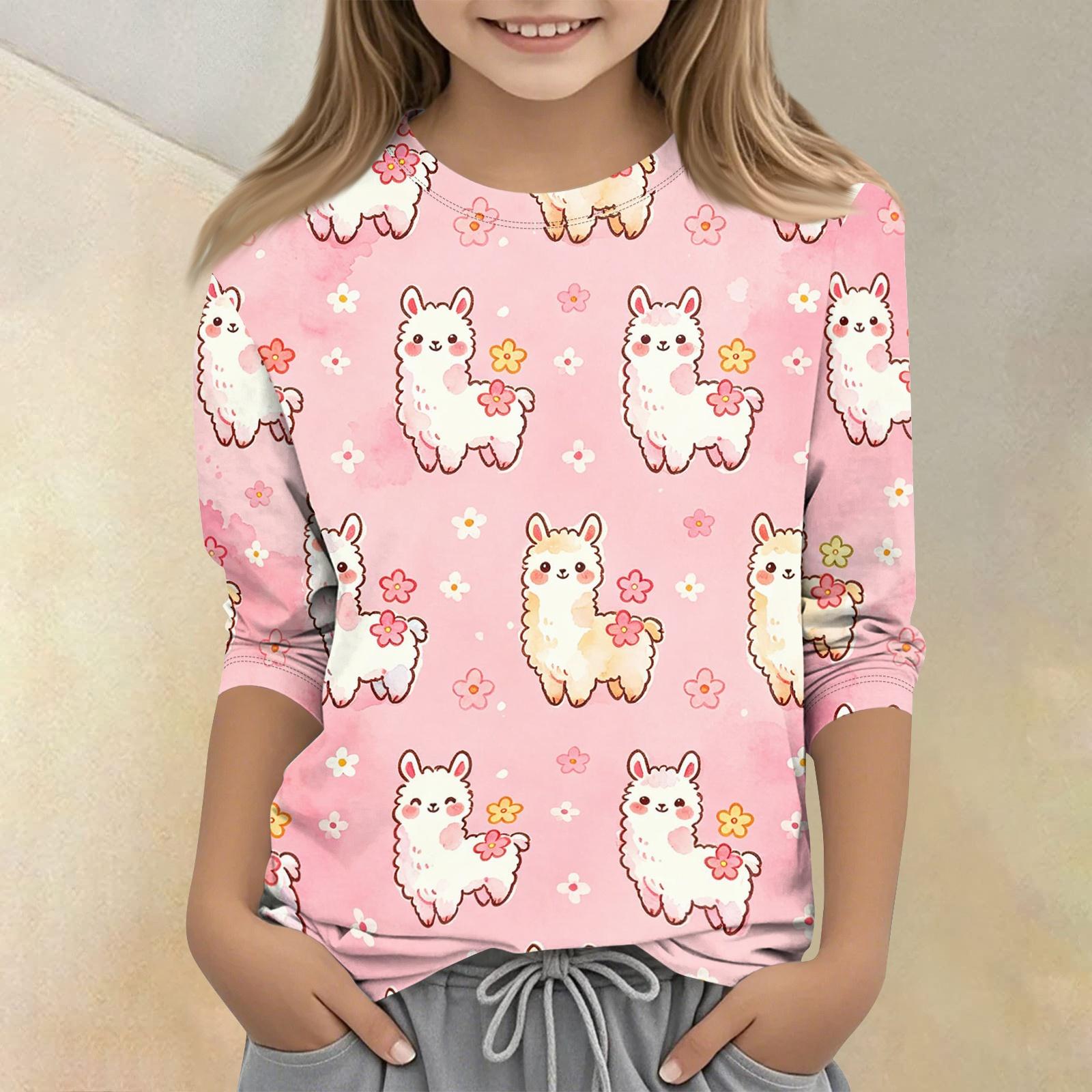 

Kids Animal Print Crew Neck 3/4 Sleeve Casual T Shirt Soft Fabric Comfortable Fit Lightweight Design Suitable for Everyday Wear 130 розовый