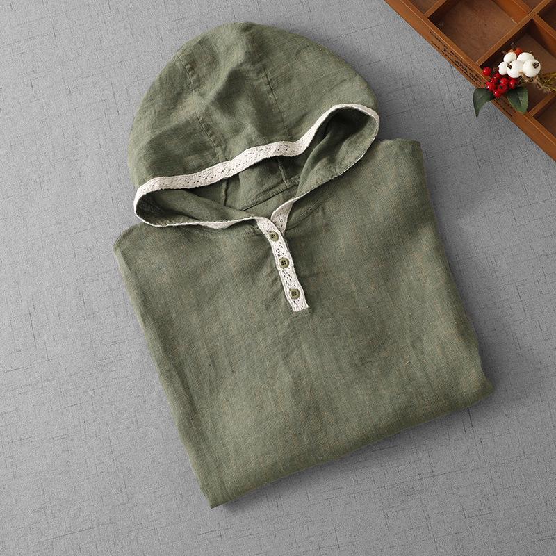 Plus Size Women's Casual Retro Cotton-Linen Short-Sleeve Hooded Top