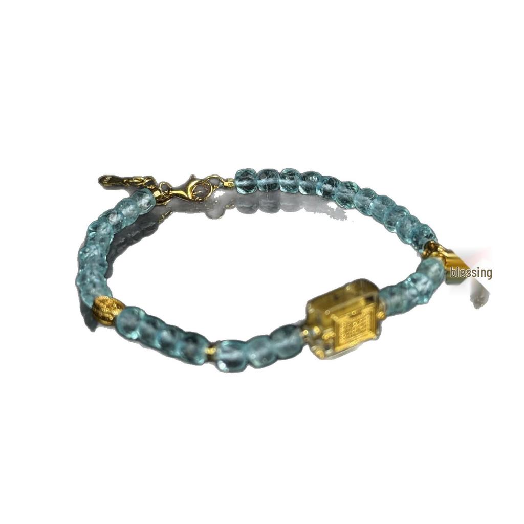 Natural Blue Topaz Bracelet with 925 Silver Inlay - Yellow Wealth God Chinese Style