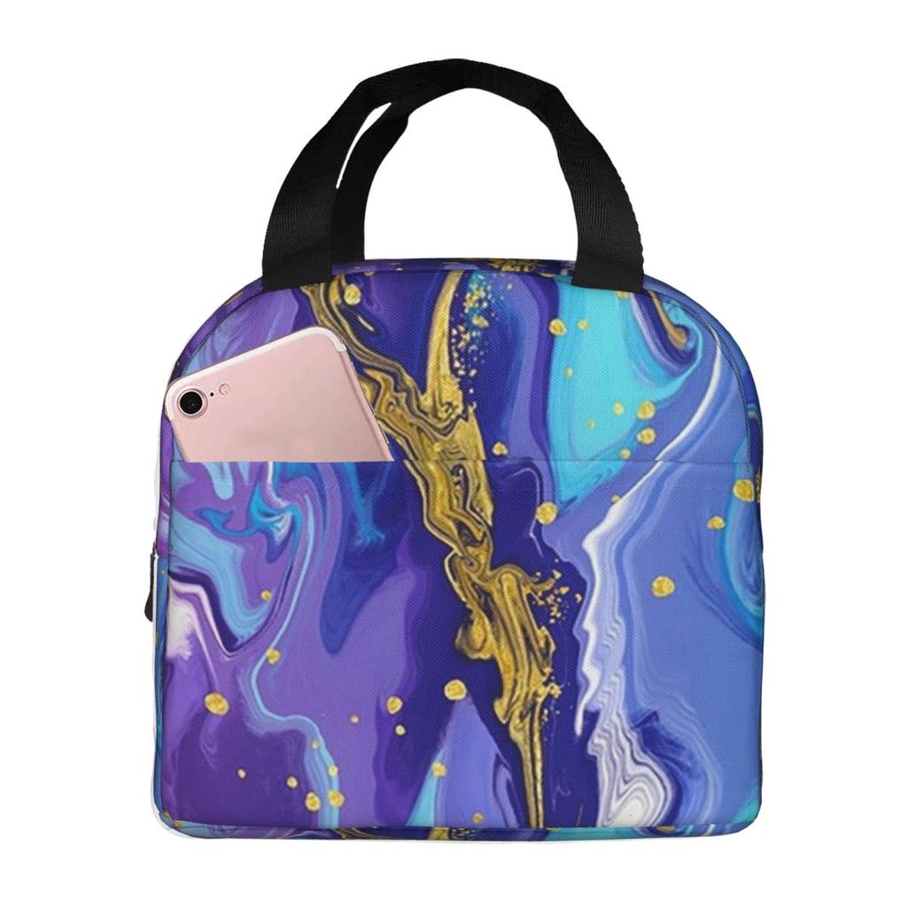 Blue Purple Gilded Luxury Gold Marble Insulated Lunch Bag for Women Cooler Thermal Food Box Tote Portable Lunch Boxes Container