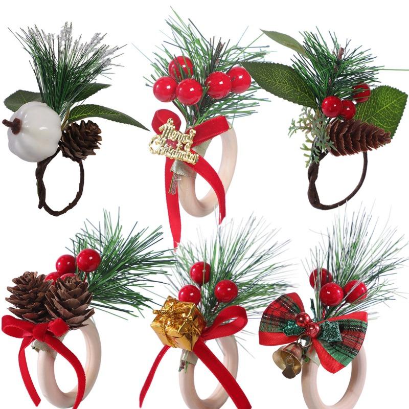 Christmas Napkin Rings Wooden Napkin Buttons for Christmas Hotel TablesHoliday Pinecone Bells Handmade Napkin Rings