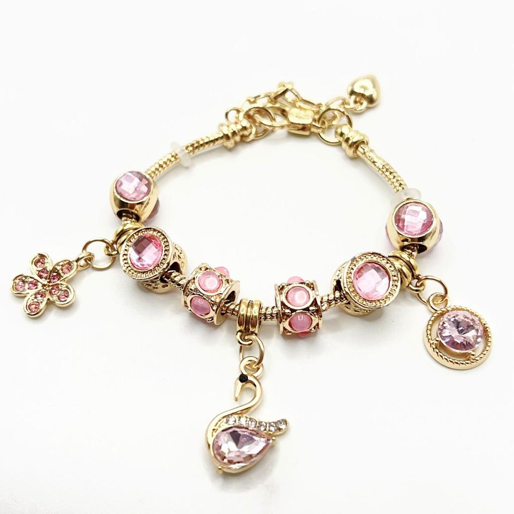 High Quality Gold Plated Crystal Rhinestone Lotus Flower Charm Bracelet Large Hole Beads Pink Flower Pendant Adjustable DIY