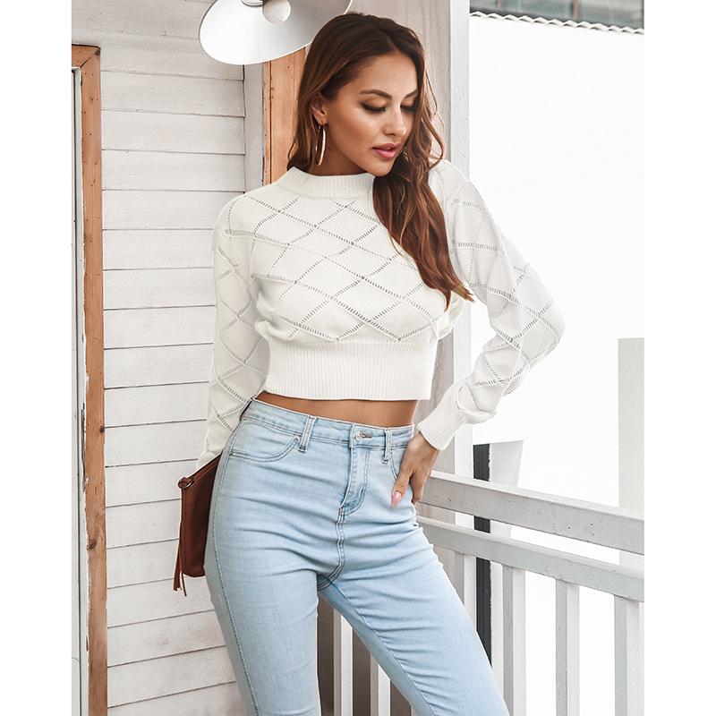 New Knitted Pullovers Women Autumn Winter Casual Long Sleeve Hollow Out Sweater Crop Top
