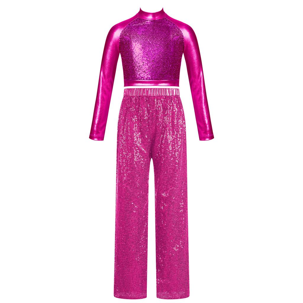 Girls Shiny Sequins Dance Crop Top Mock Neck Long Sleeve High Waist Wide Leg Pants Set