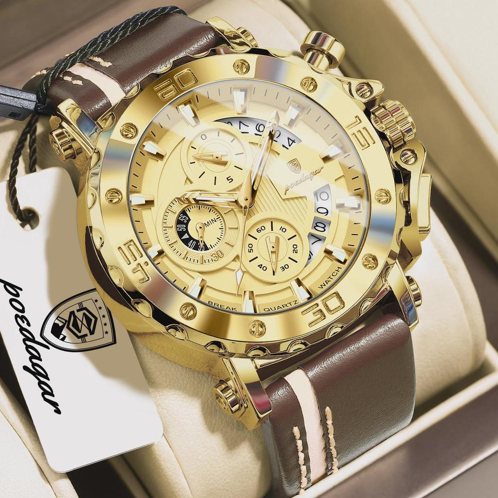 POEDAGAR Top Military Man Wristwatch Waterproof Luminous Date Fashion Chronograph Leather Sports Men's Quartz Watches