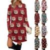 Dámské módní ležérní šaty s kapsami, ozdobnými knoflíky, vánočními potisky, kulatým výstřihem a dlouhým rukávem