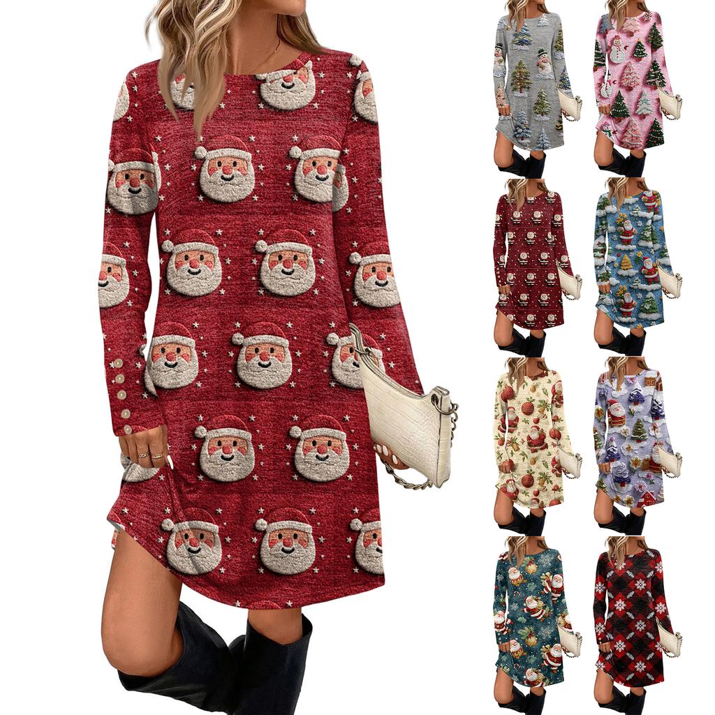 Rochie Casual de Damă la Modă cu Buzunare, Nasturi Decorativi, Imprimeuri de Crăciun, Gât Rotund și Mâneci Lungi