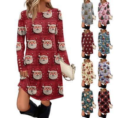 Cepli, Dekoratif Düğmeli, Noel Baskılı, Yuvarlak Yaka ve Uzun Kollu Kadın Moda Günlük Elbise