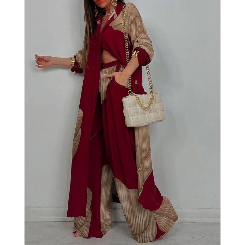 European and American Women clothes Fashion Casual Color Matching Loose Shirts Top Trousers Two-piece Set Two Piece Set