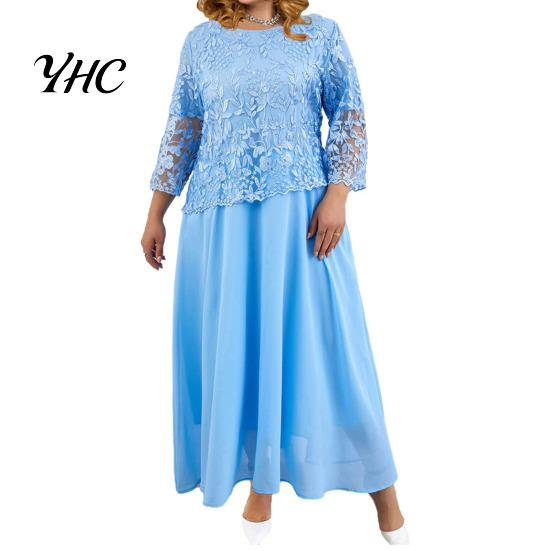 Women Maxi Dress Flower Embroidery See-through Lace Three Quarter Sleeve O Neck Fake Two-piece Loose Solid Color Plus Size Elegant Comfortable