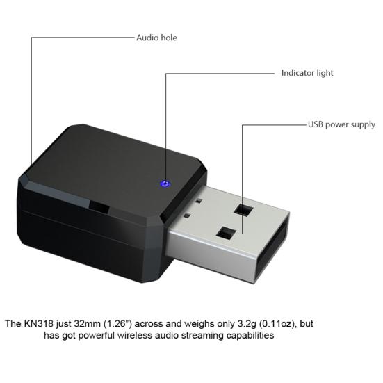 KN318 Hands-free Car Bluetooth-compatible Audio Receiver Dual Output AUX USB Stereo Adapter