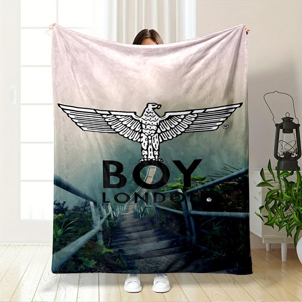 Boy London Eagle Brand Logo on Foggy Stairs Blanket Throw, Pastel Grunge Fashion Design for Everyday Comfort, Cozy Fan Bedding, All Seasons Gift