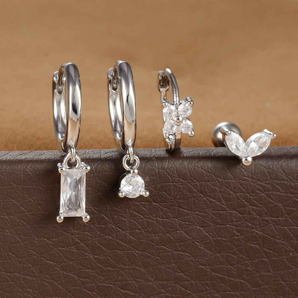 4PCS Fashion Green Crystal Zircon Stainless Steel Hoop Earrings Set For Women Daily Versatile Square Earring Piercing Jewelry