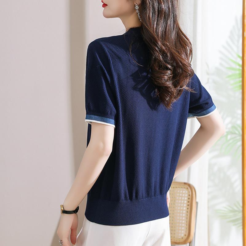 Polo Collar Short Sleeved T-shirt Women's Summer Top Flip Collar Ice Silk Knit Sweater Thin T-Shirts Women’s