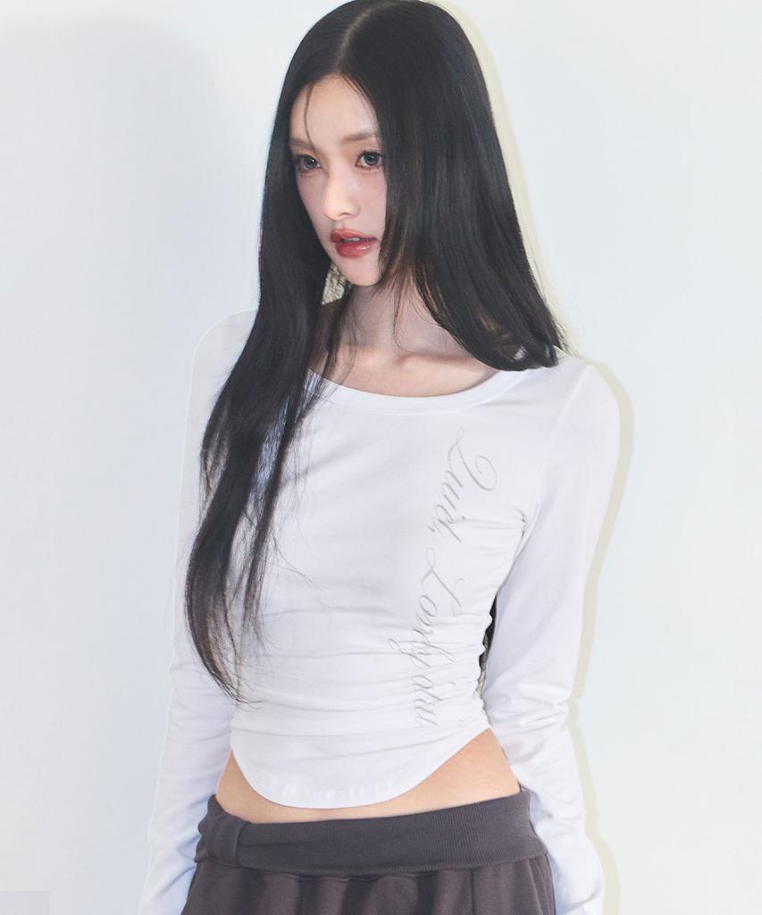 ILLIGO Lettering Slim Shirred Long Sleeve White