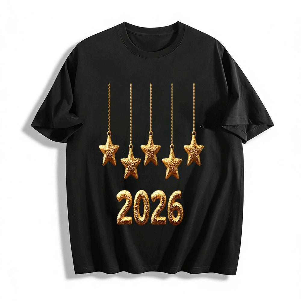

2026 New Year Gold Star Print Casual Versatile Top Pure cotton T-shirt XXS