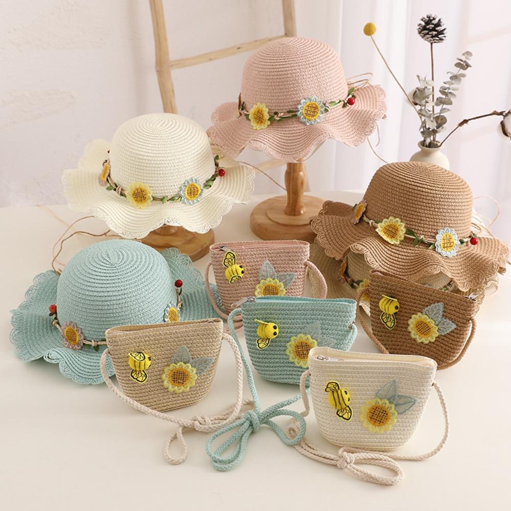 Sweet Kids Sun Straw Hat Sunflower Bee Toddler Outdoor Sun Hat Sun Protection Hat Bag  for Girls