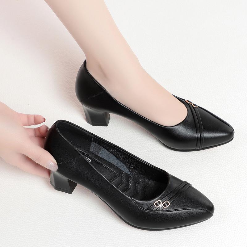 Women Fashion Comfort High Quality Black Soft Leather Spring Slip on Shallow Mouth Square Heel Cool Autumn Single Shoes