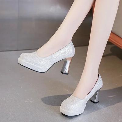 Fashion 35-44 Large Women's High Heels Platform Thick Heels Mary Jane Shoes Small Square Head Set Silver Womens Shoes