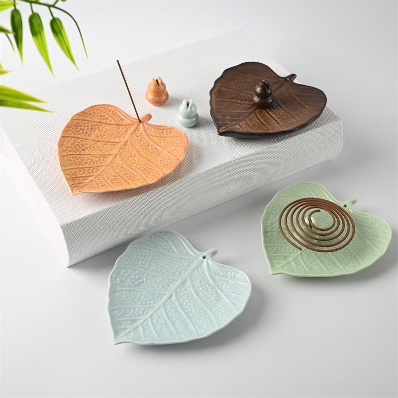 Exquisite Antique Ceramic Bodhi Leaf Incense Holder for Sandalwood & Agarwood Coils