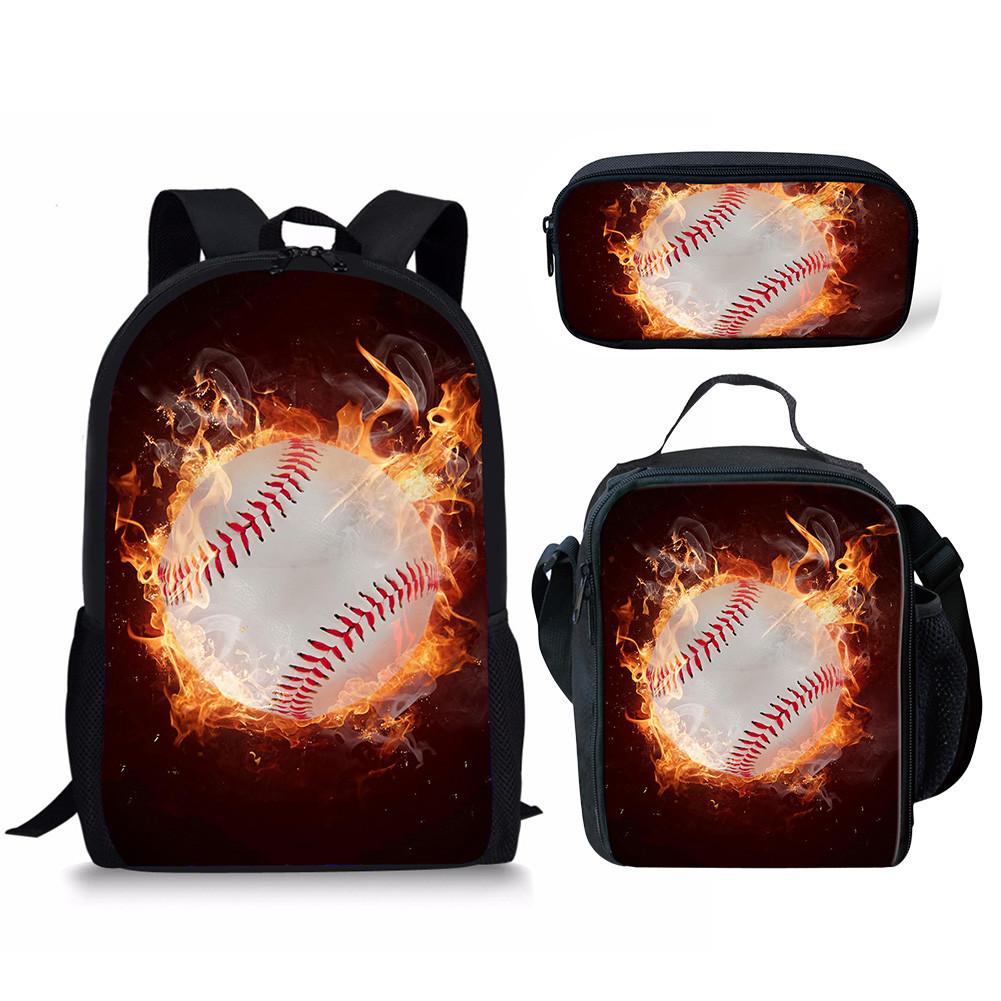 Backpack Basketball Water Fire Baseball Pattern School Bag Backpack Meal Bag Pencil Bag Three-Piece Set