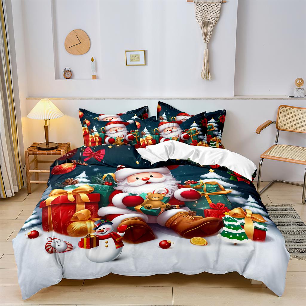 3-teiliges Weihnachts-Bettwäsche-Set Weihnachtsmann- & Schneemann-Druck Bettbezug Atmungsaktives Polyester Weihnachtsgeschenk 1 Bettbezug 2 Kissenbezüge
