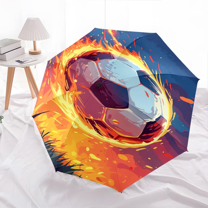 Soccer Ball, Flame Effect- Automatic Umbrella, Four Seasons Portable Folding Umbrella, Suitable for Men and Women, Travel, Daily Compact Umb