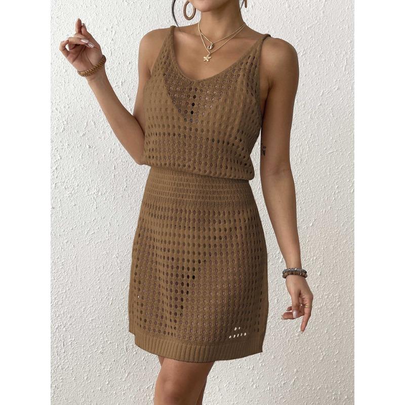 Vestito da Spiaggia Sexy da Donna in Maglia a Coste Scollo a V Vita Svuotata Aderente