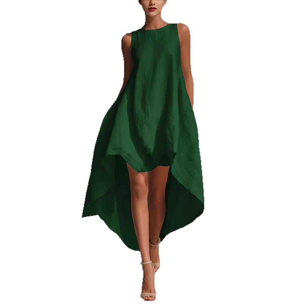 Elegant European & American Style Sleeveless Dress with Round Neck and Irregular Hem.