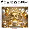 Sfondo di Compleanno 2D Oro Bianco Glitterato con Palloncini, Torta e Scatole Regalo