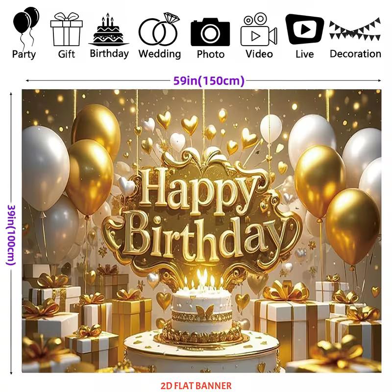 Sfondo di Compleanno 2D Oro Bianco Glitterato con Palloncini, Torta e Scatole Regalo