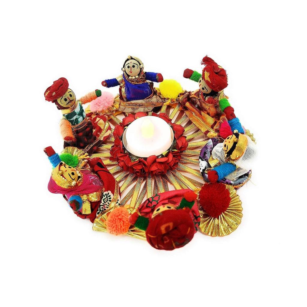 Handmade Recycled Material Rajasthani Dolls Puppet Tealight Candle Holder, Multicolor (13 Cm X 13 Cm 6.5 Cm) (Pack of 1