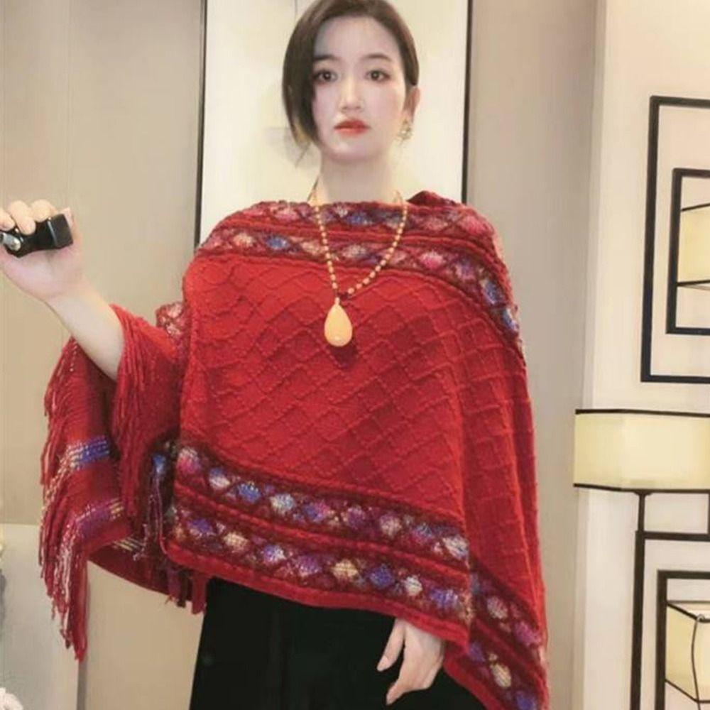 Winter Warm Rhombic Stripe Tassel Shawl Imitation Cashmere Knitting Wraps  Women Fashion