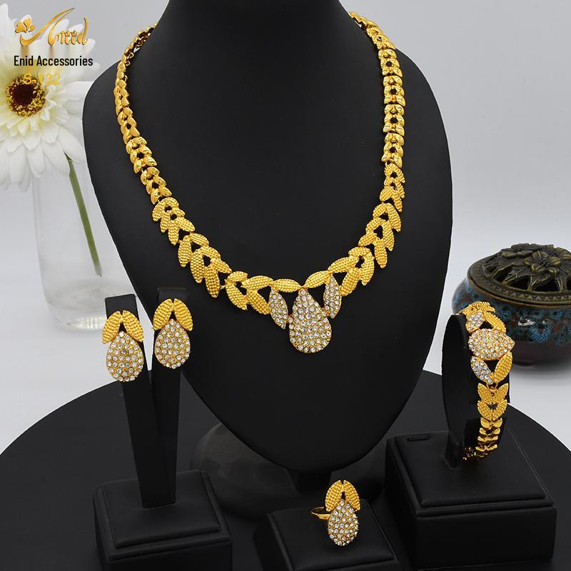 24K Gold-Plated Bridal Jewelry Set: Necklace & Earrings, Middle Eastern Wedding Style, Dubai Four-Piece Set