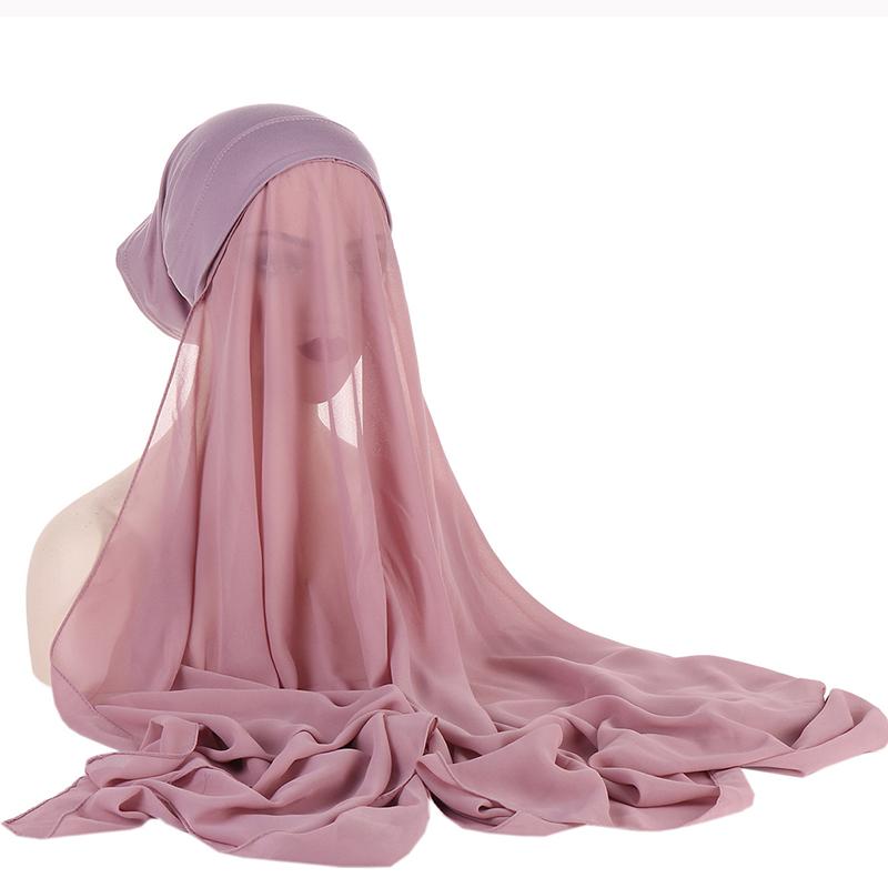 1Pc Muslim Shawl Scarf Chiffon Hijab Breathable Turban Head Wrap Women Solid Color Polyester With Inner Cap
