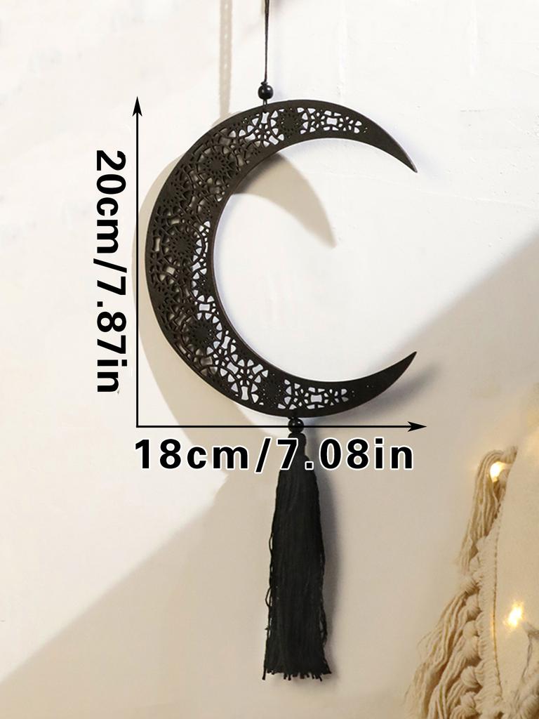 Black Wooden Hanging Lanterns Crescent Moon with Star Cutouts and Tassel, for Ramadan and Eid, Islamic Festival Home Decorations