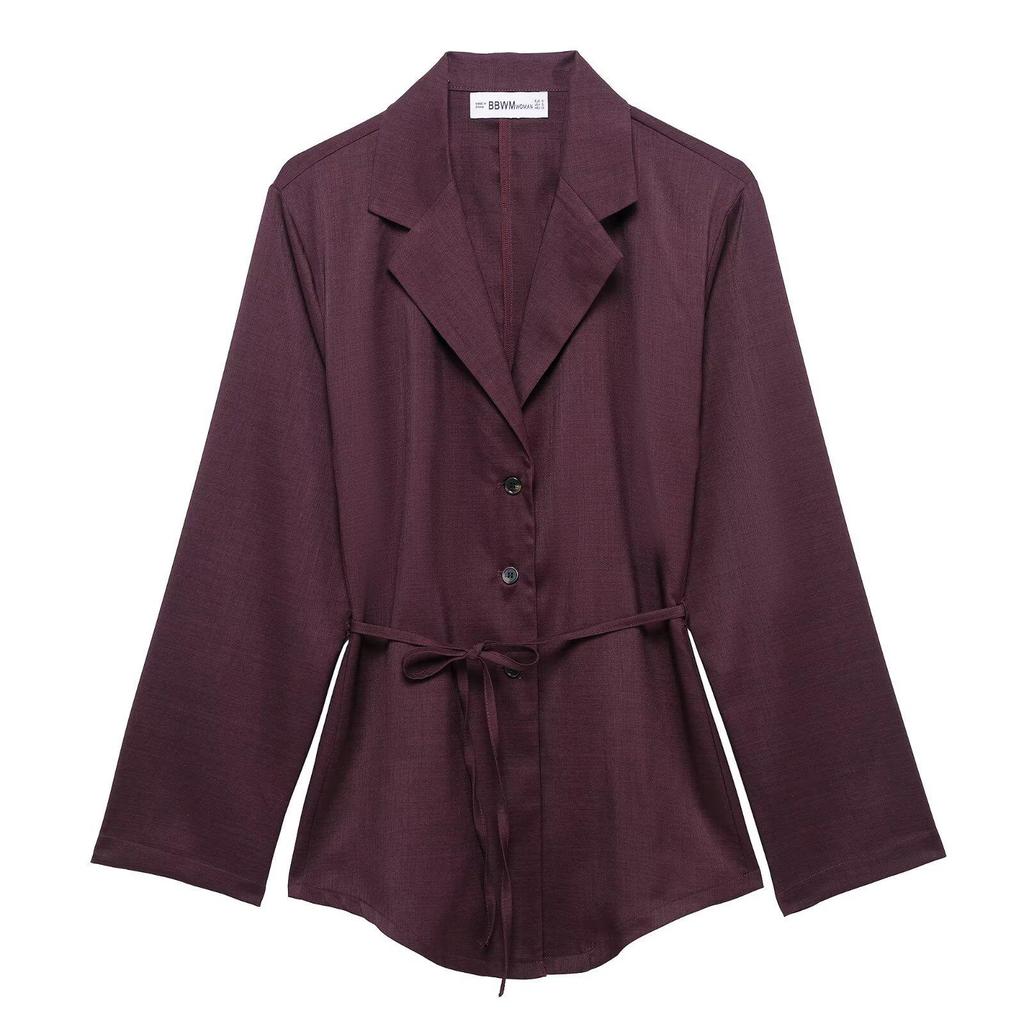 2025 Spring Women's Tie-Waist Long-Sleeve Shirt & Pleated Pants Set