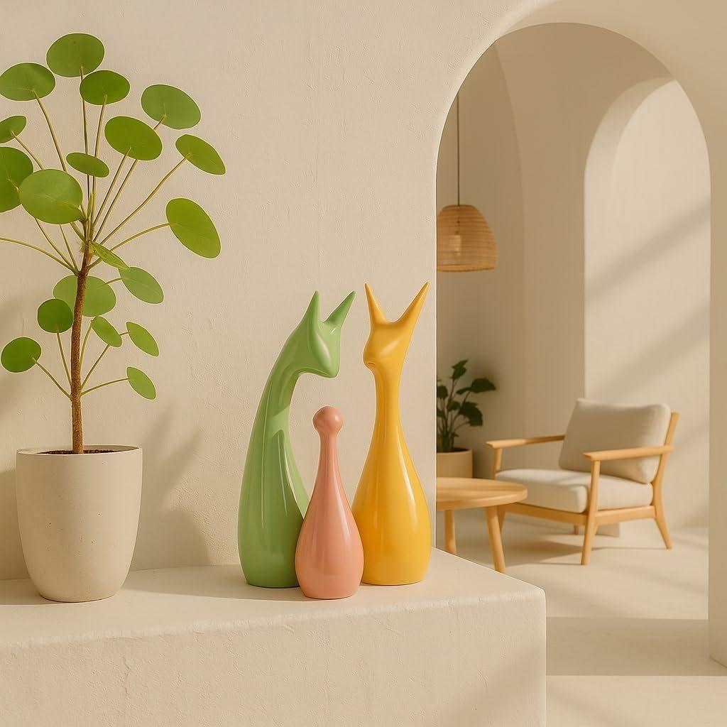 Home Décor Lucky Deer Family Set | Piano Finish Ceramic Figures - (Set of 3 Yellow, Pink, LightGreen)