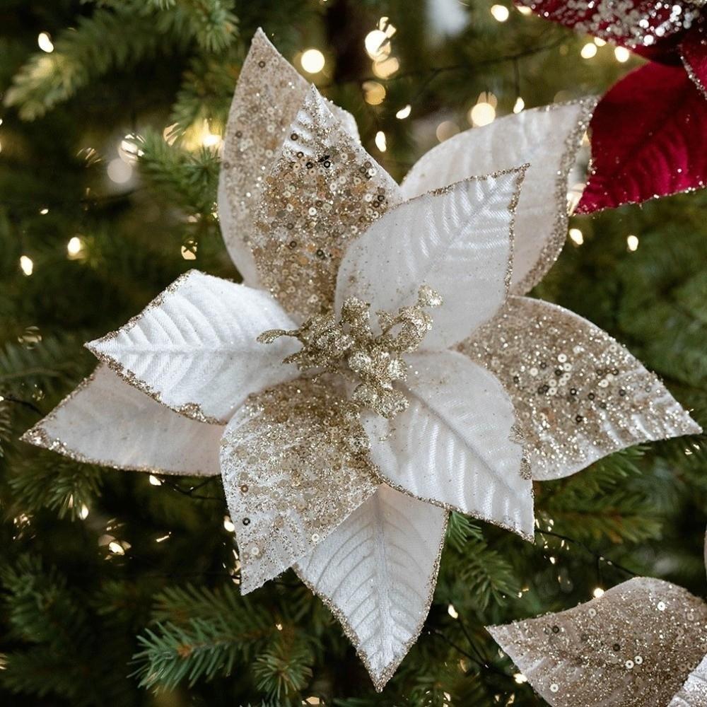 Sparkling Artificial Poinsettia Flower Velvet Fabric Xmas Floral Pick Accessory  Christmas Party