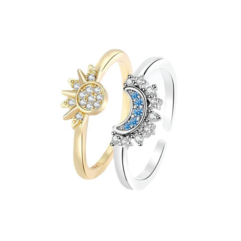 Sun and Moon Couple Rings: Stackable Diamond-Set Design Adjustable Open