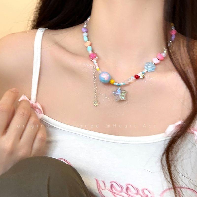 Cute Sweet Girl Colored Beaded Love Candy Necklace Female Dopamine Neck Chain Spice Girl Collarbone Chain Accessories