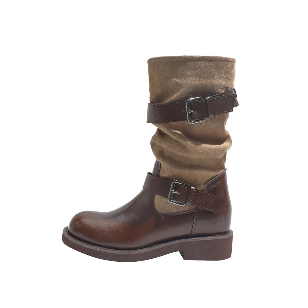 Inner height increase retro color matching belt buckle sleeve stacking boots women's new versatile round head thick heel western cowboy boots