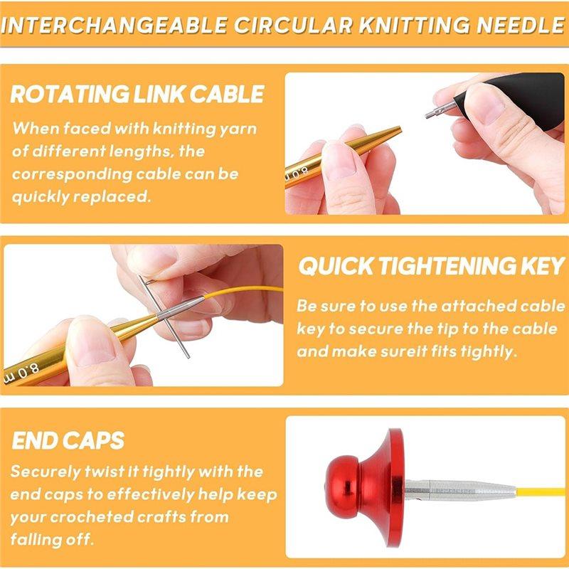 A84E-Circular Knitting Needle Set, Interchangeable 13 Pairs(3Mm-10Mm) US 2.5-15 With 16, 24, 32, 40 Inch Cables, Accessories