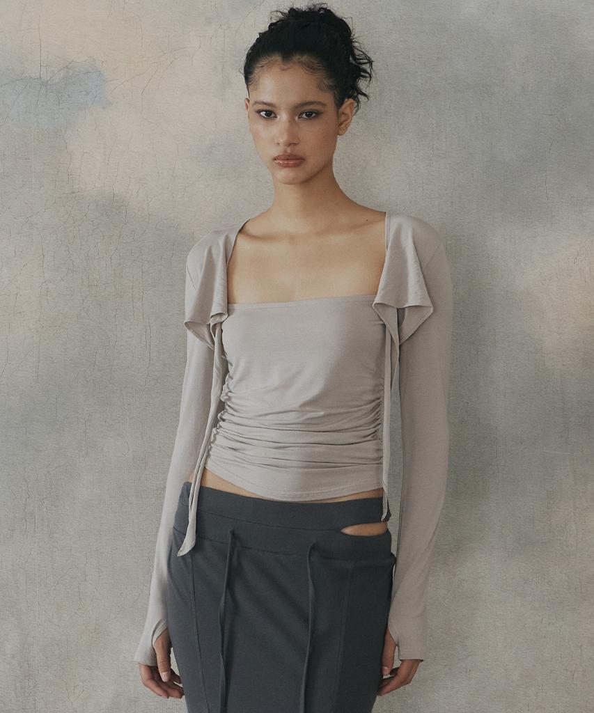 PLEASENOFOLLOW Nari Shirring Long Sleeve Tie Top (Silver Grey)
