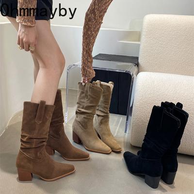 Moda Vintage Süet Kadın Batı Kovboy Çizmeleri Moda Slip On Ayakkabılar Sonbahar Kış Kalın Topuk Bayanlar Orta Baldır Botları