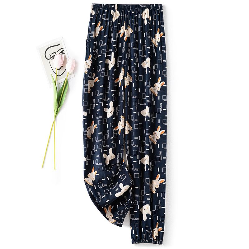 Pantaloni de pijama din bumbac mătase pentru femei, secțiune subțire de vară, anti-țânțari, pantaloni cu picior lat, culoare uni, pentru exterior, casă, petrecere a timpului liber, imprimeu, pantaloni de plajă până la genunchi