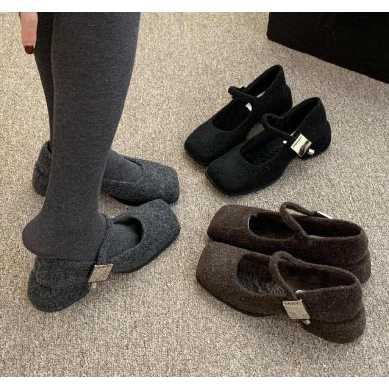 Fashion Spring Autumn Women's Luxury Party Shoes Medium Heel Retro Square Toe Velvet Mary Jane Shoes Flat Square Buckle Single Loafers