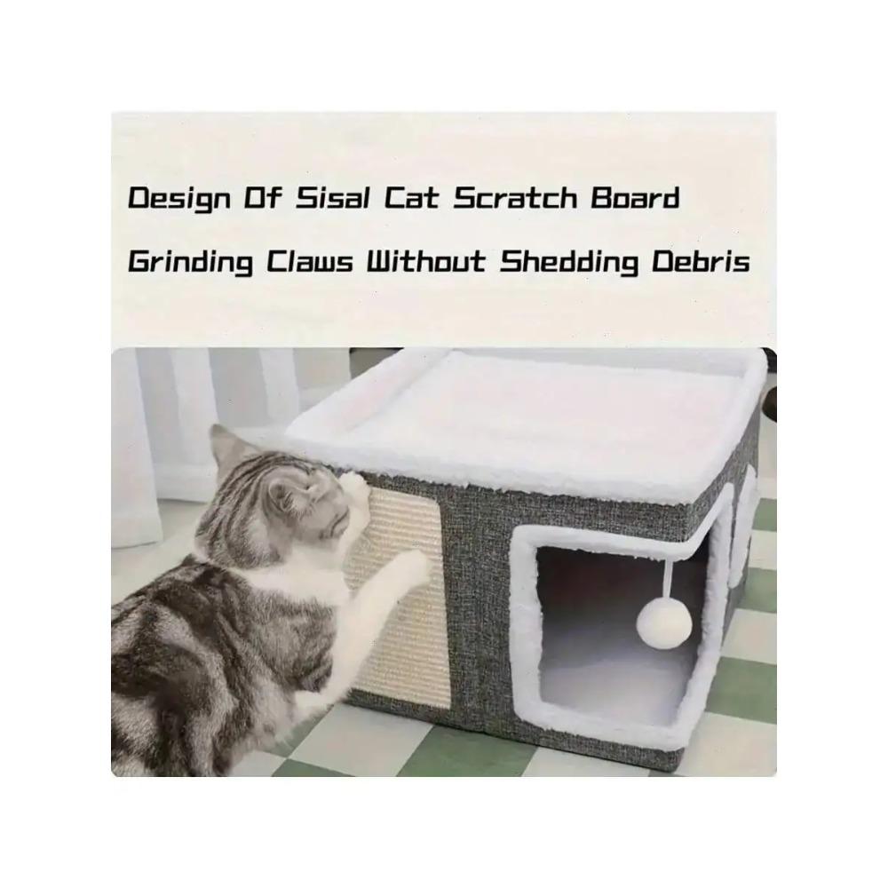 4-Season Multi-Level Cat House: Foldable Indoor Play Cube with 2-Layer Bed, Toy Tunnel, Scratching Board,
