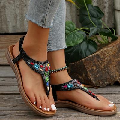 Beaded Decor Bohemian Flat Sandals for Women Summer 2025 Elastic Band Clip Toe Rome Sandals Woman Soft Sole Non Slip Beach Shoes